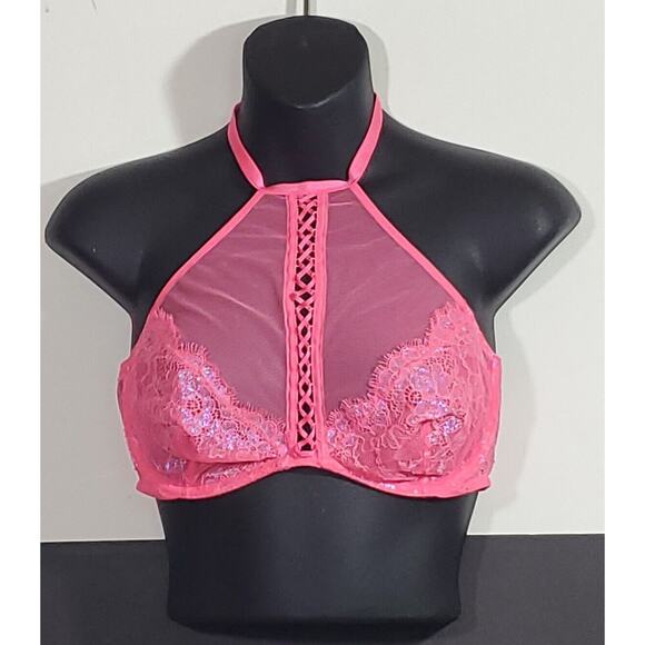 Victoria's Secret Very Sexy Iridescent Pink Halter Chantilly Lace Bralette Small - Picture 1 of 9